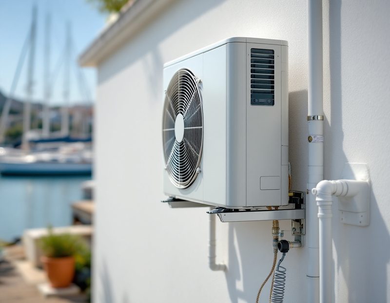 Groupe extérieur de climatisation sur supports inox, près d'un port